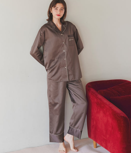 Brushed Satin Shirt Pajama Set | Cozy Winter Loungewear with Embroidered Messages
