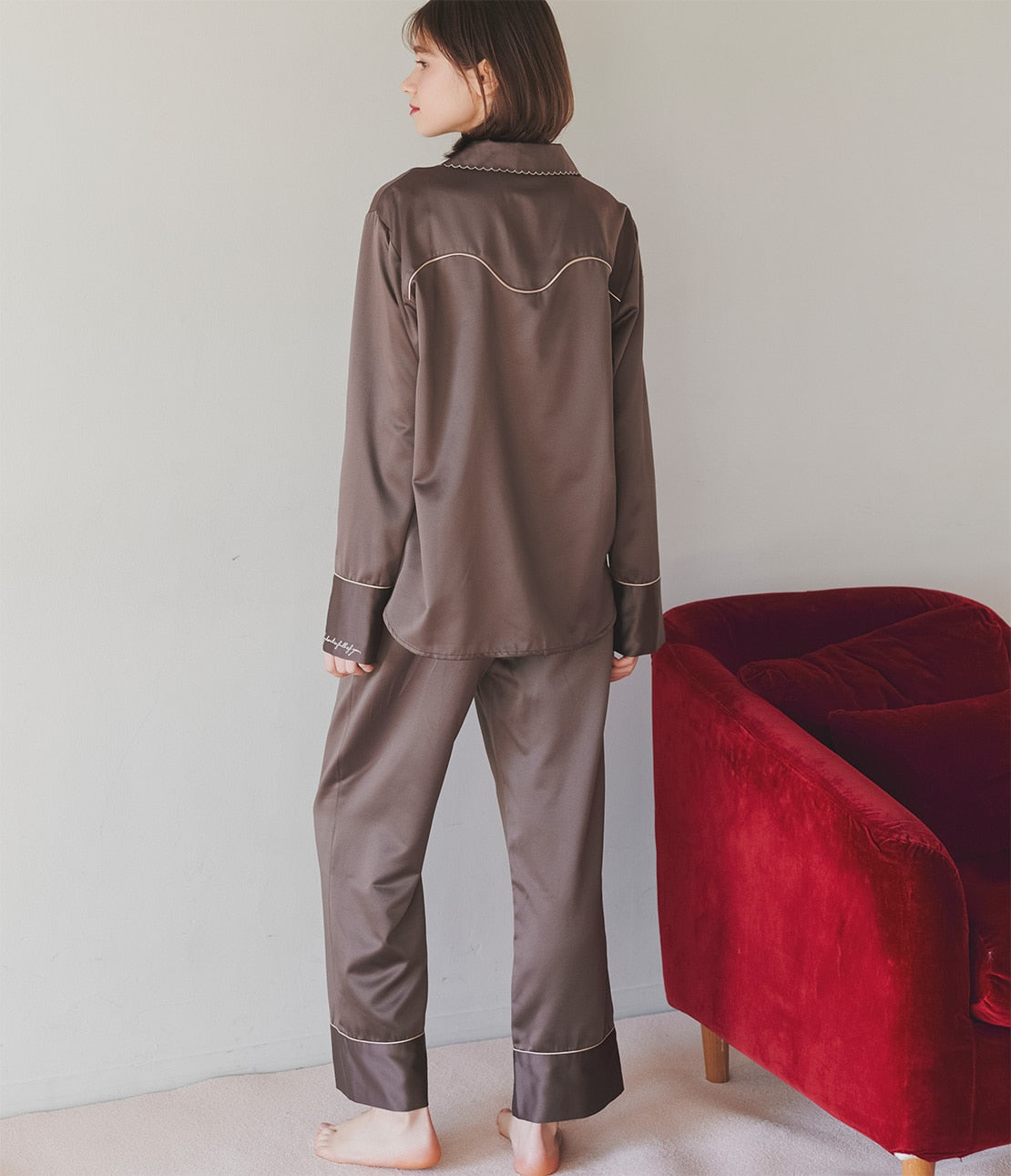 Brushed Satin Shirt Pajama Set | Cozy Winter Loungewear with Embroidered Messages