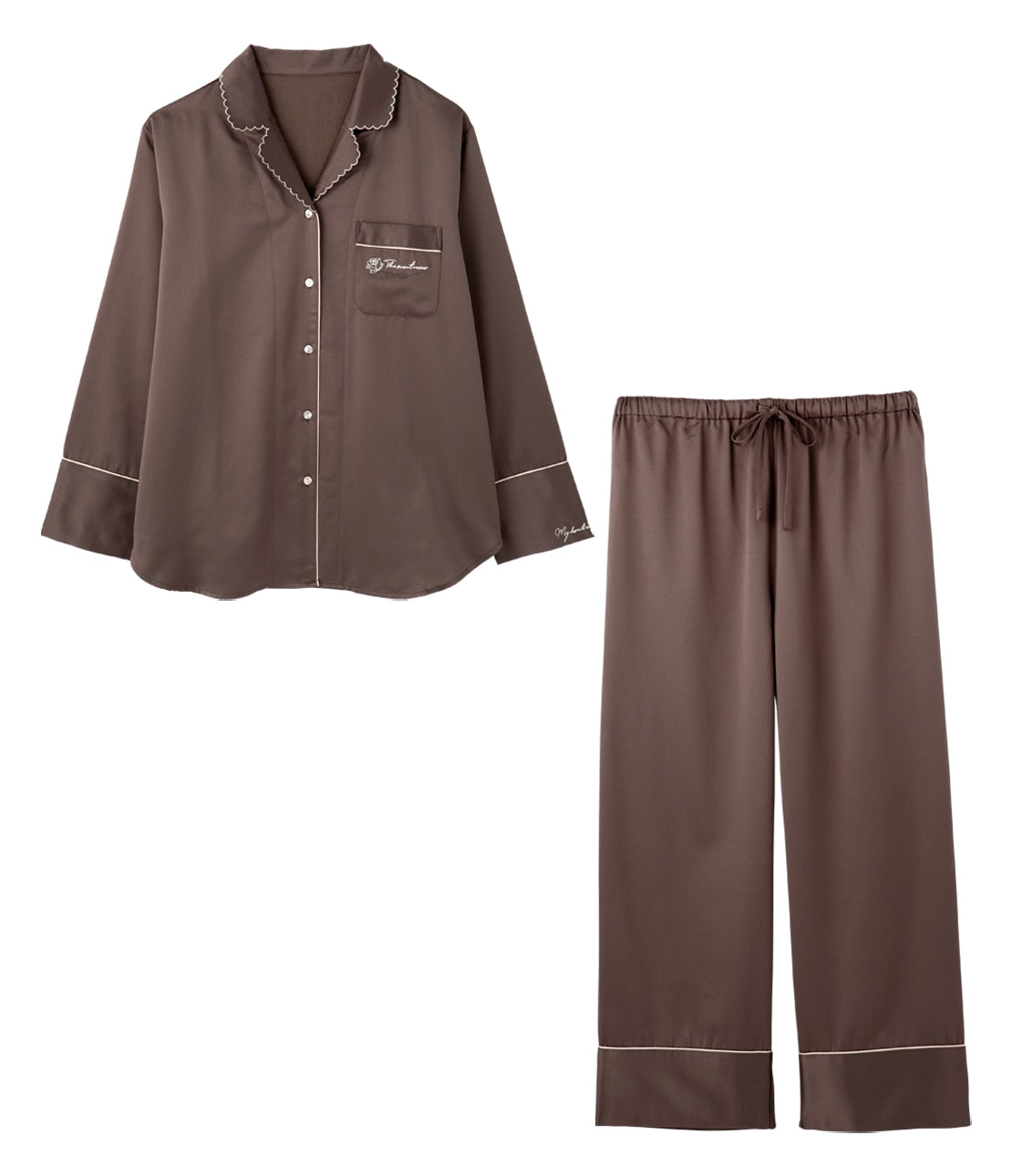 Brushed Satin Shirt Pajama Set | Cozy Winter Loungewear with Embroidered Messages