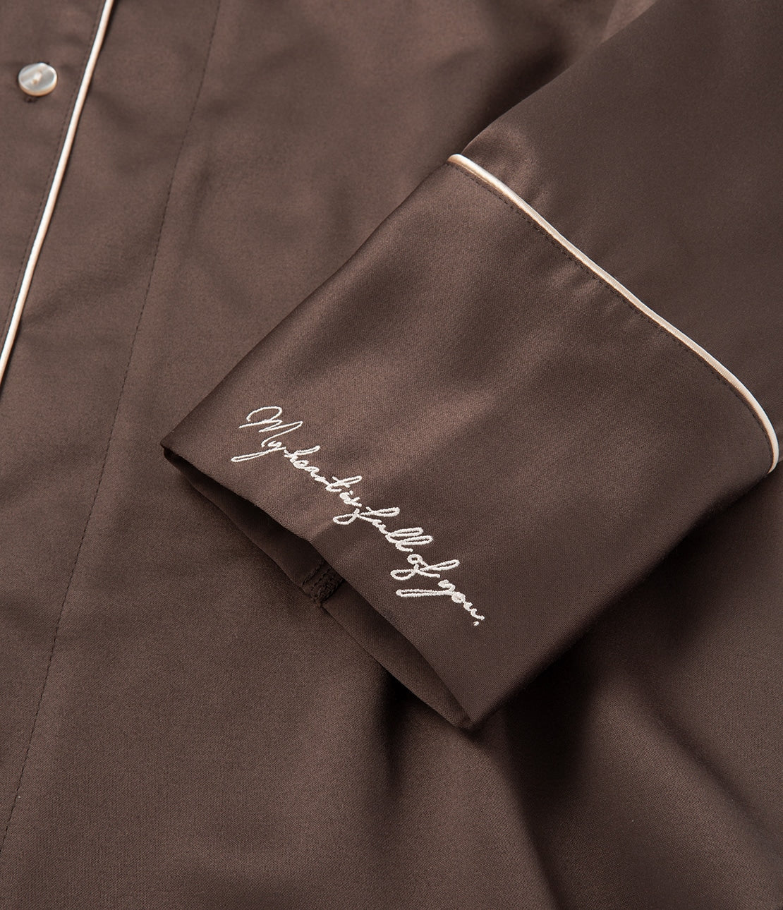 Brushed Satin Shirt Pajama Set | Cozy Winter Loungewear with Embroidered Messages