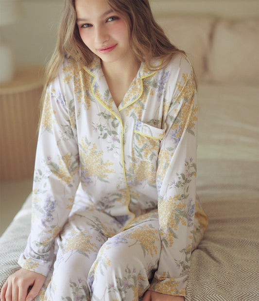 Cut & Sewn Print Shirt Pajamas  Smooth Stretch Fabric  Floral Loungewear