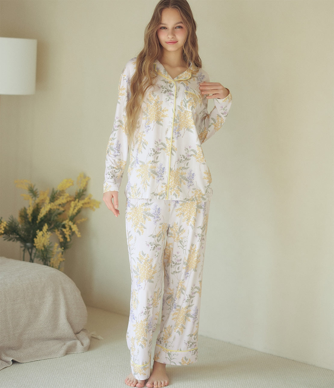 Cut & Sewn Print Shirt Pajamas  Smooth Stretch Fabric  Floral Loungewear