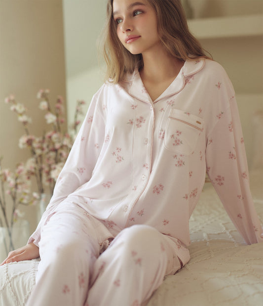 Cut & Sewn Print Shirt Pajamas  Smooth Stretch Fabric  Floral Loungewear
