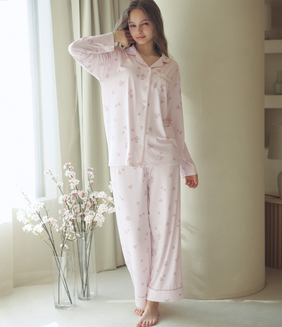 Cut & Sewn Print Shirt Pajamas  Smooth Stretch Fabric  Floral Loungewear
