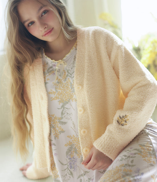 Whipply V-Neck Cardigan | Soft Chenille Knit Loungewear with Floral Embroidery