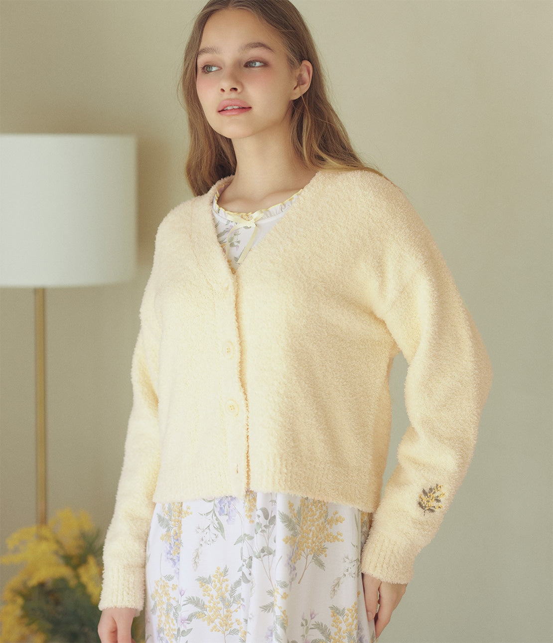 Whipply V-Neck Cardigan | Soft Chenille Knit Loungewear with Floral Embroidery