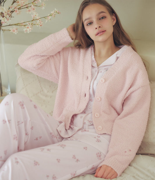 Whipply V-Neck Cardigan | Soft Chenille Knit Loungewear with Floral Embroidery