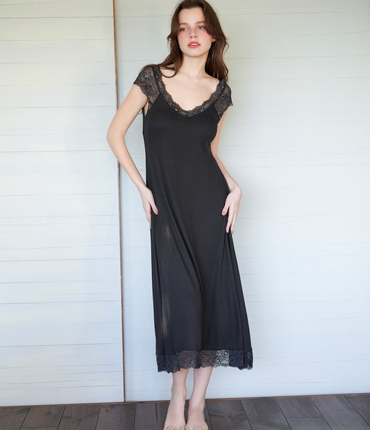 Lace Rib Knit One-Piece with Built-in Cups  Elegant & Comfortable Lounge Dress