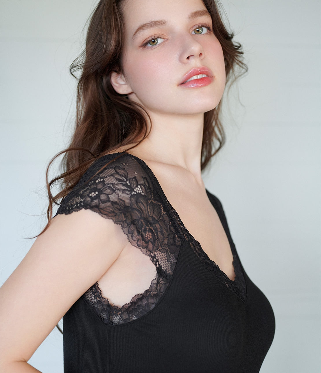 Lace Rib Knit One-Piece with Built-in Cups  Elegant & Comfortable Lounge Dress
