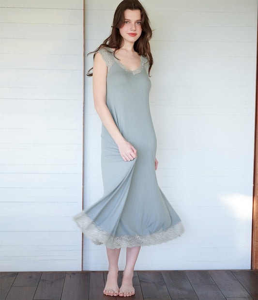 Lace Rib Knit One-Piece with Built-in Cups  Elegant & Comfortable Lounge Dress