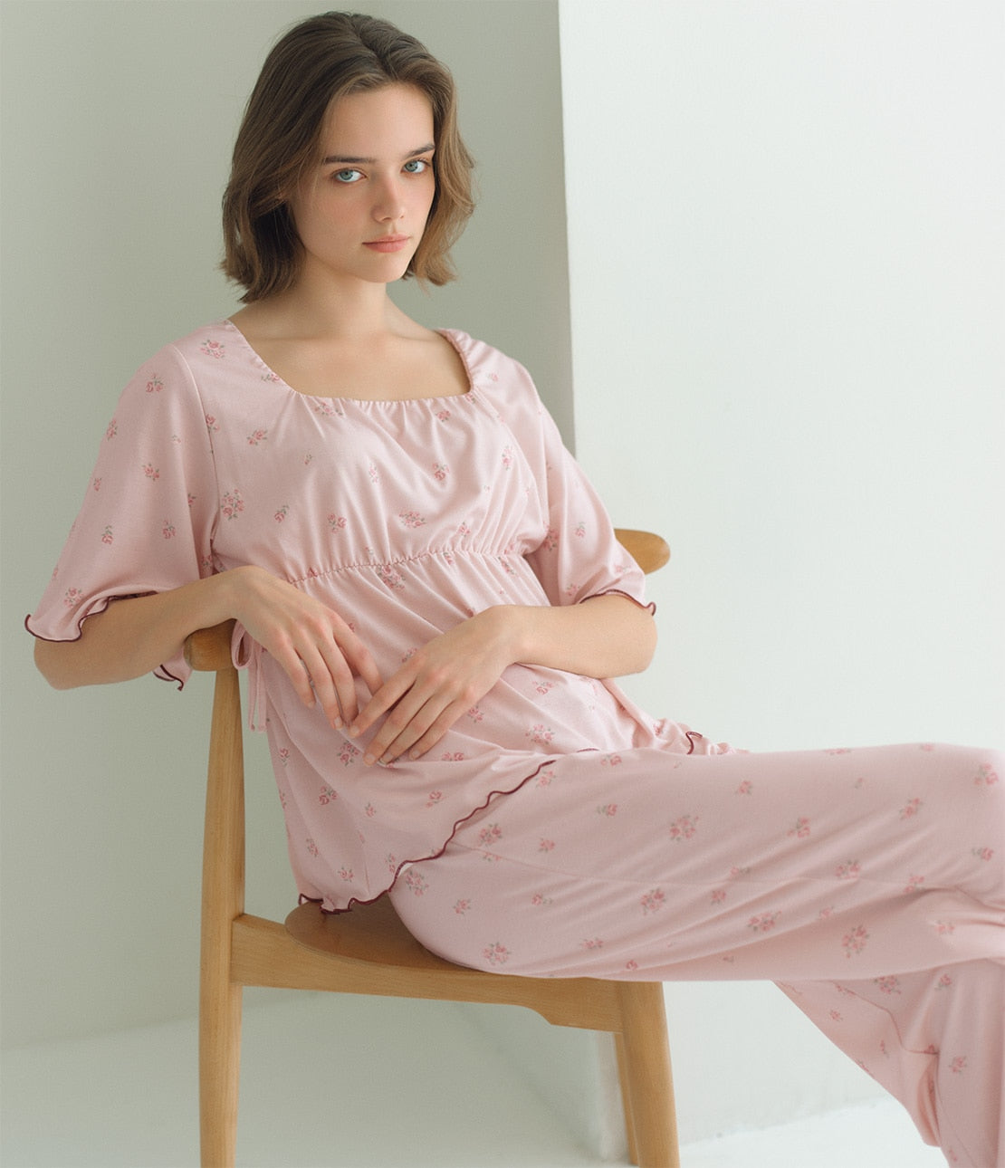 Floral Frill Cut & Sewn Flare Pajama Set  Soft Stretch Jersey Loungewear