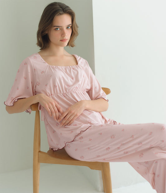 Floral Frill Cut & Sewn Flare Pajama Set  Soft Stretch Jersey Loungewear