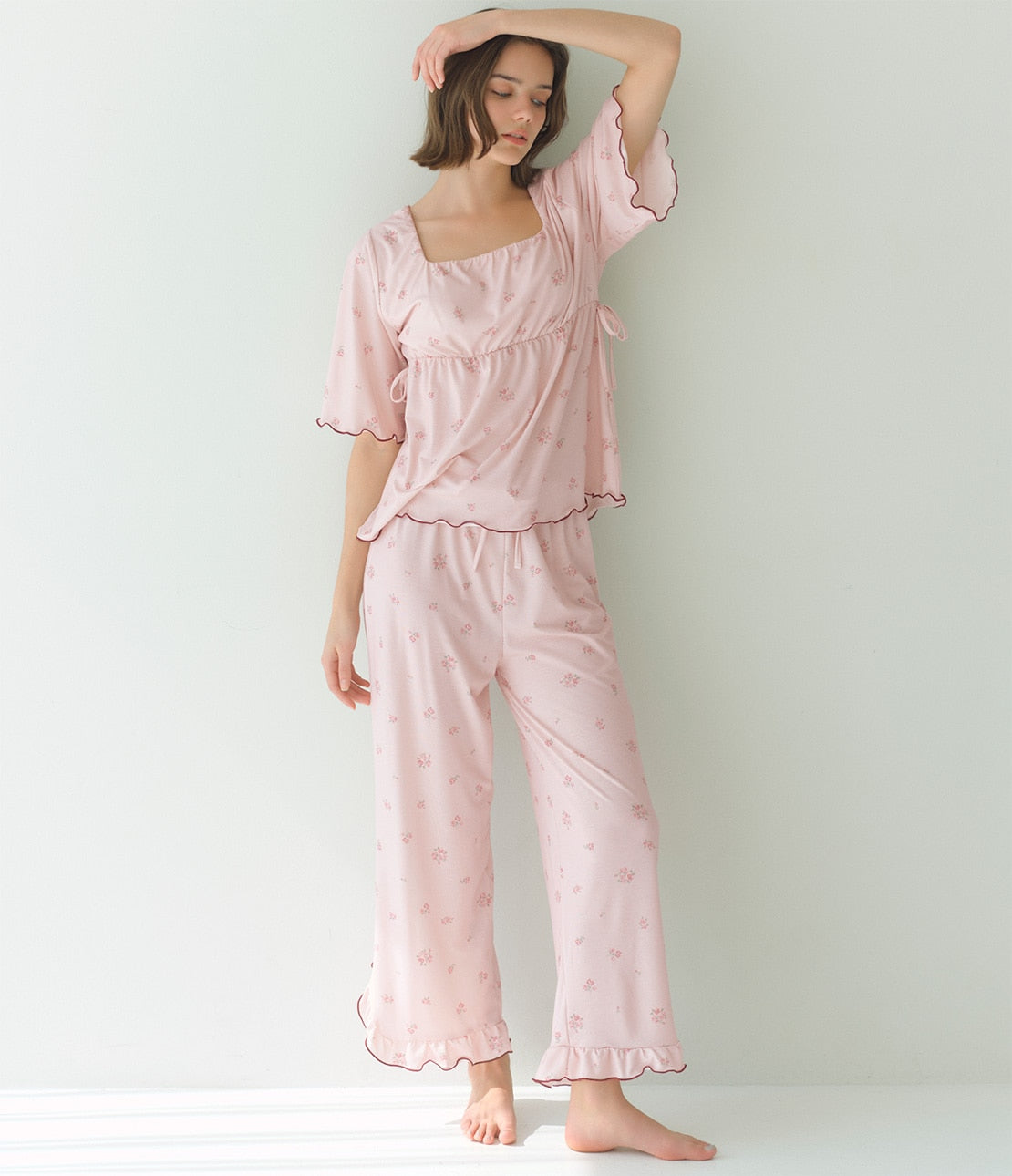 Floral Frill Cut & Sewn Flare Pajama Set  Soft Stretch Jersey Loungewear