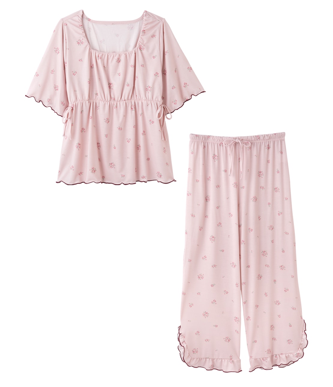 Floral Frill Cut & Sewn Flare Pajama Set  Soft Stretch Jersey Loungewear