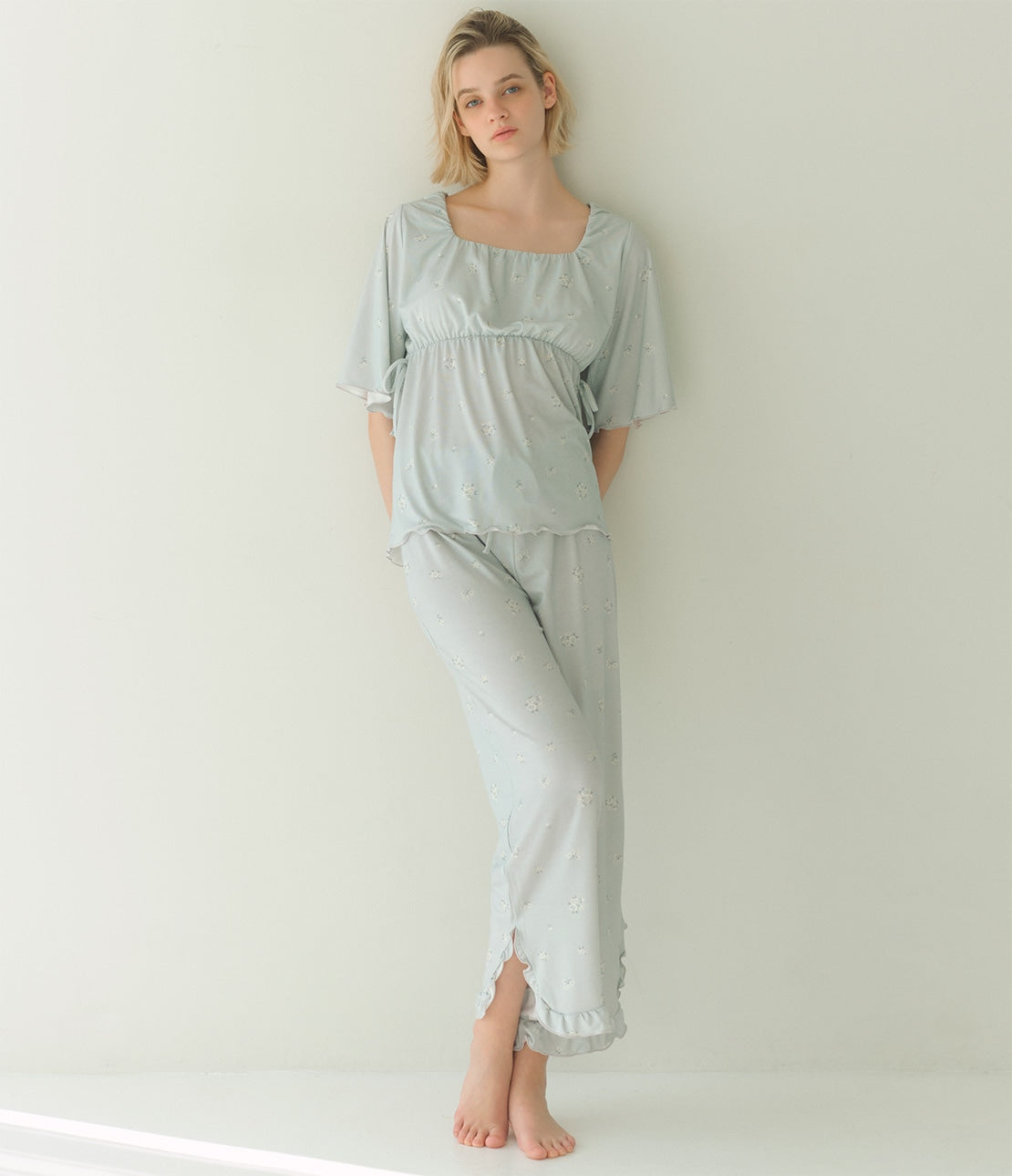 Floral Frill Cut & Sewn Flare Pajama Set  Soft Stretch Jersey Loungewear