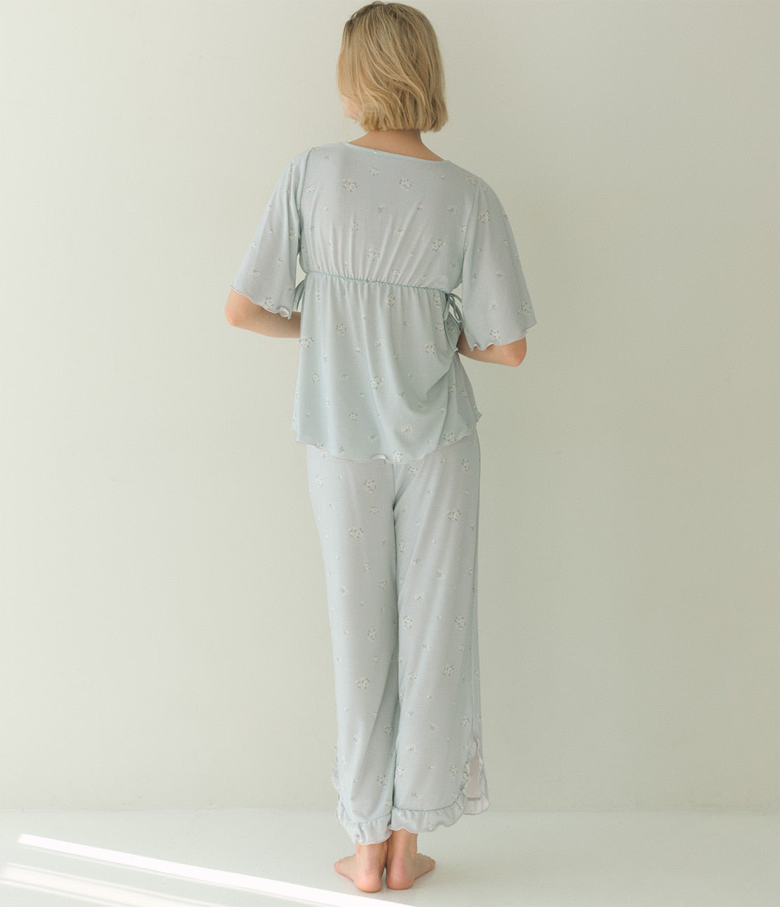 Floral Frill Cut & Sewn Flare Pajama Set  Soft Stretch Jersey Loungewear