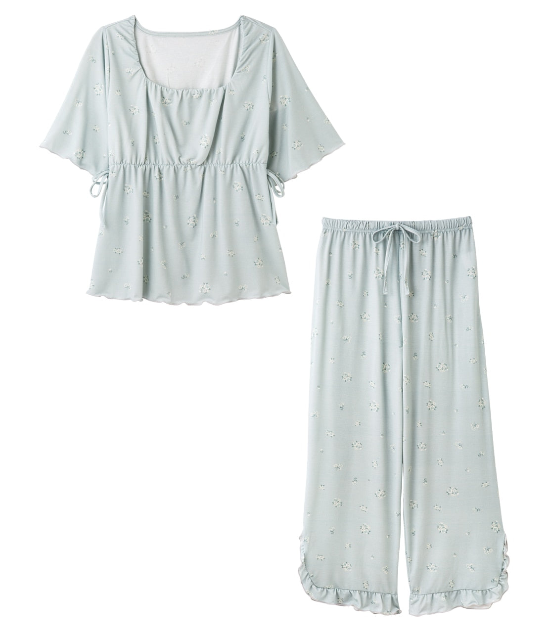 Floral Frill Cut & Sewn Flare Pajama Set  Soft Stretch Jersey Loungewear