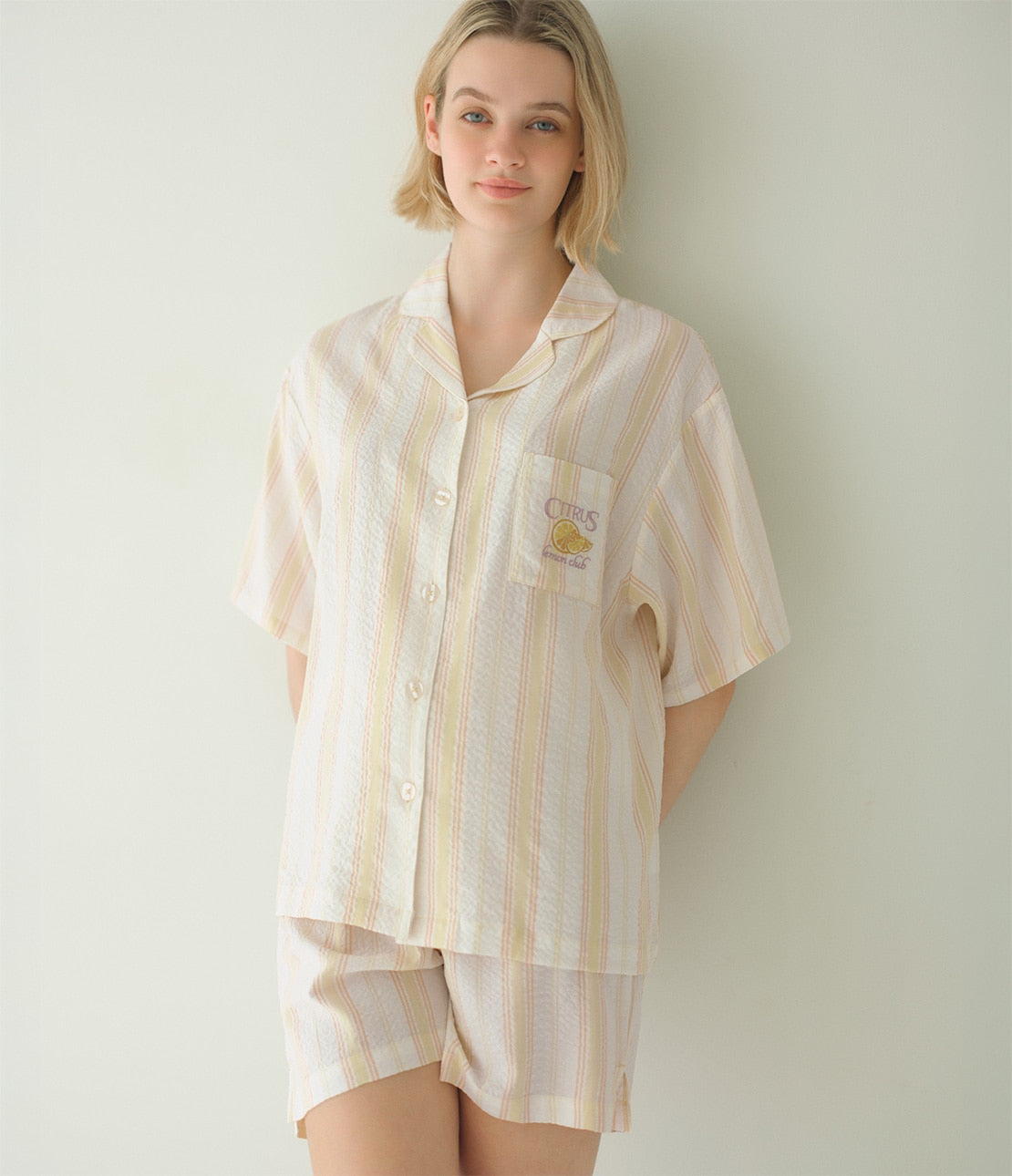 Easy Shirt Pajama Set | Lightweight Loungewear with Fruit Embroidery