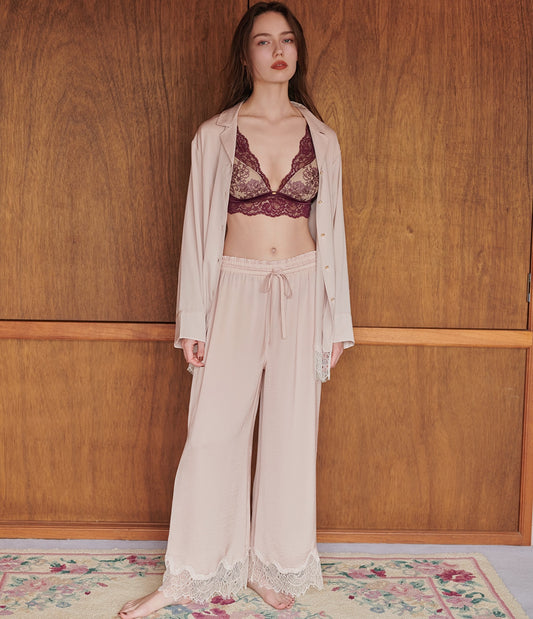 Giardino Satin Shirt Pajamas  Smooth Satin & Eyelash Lace Luxury