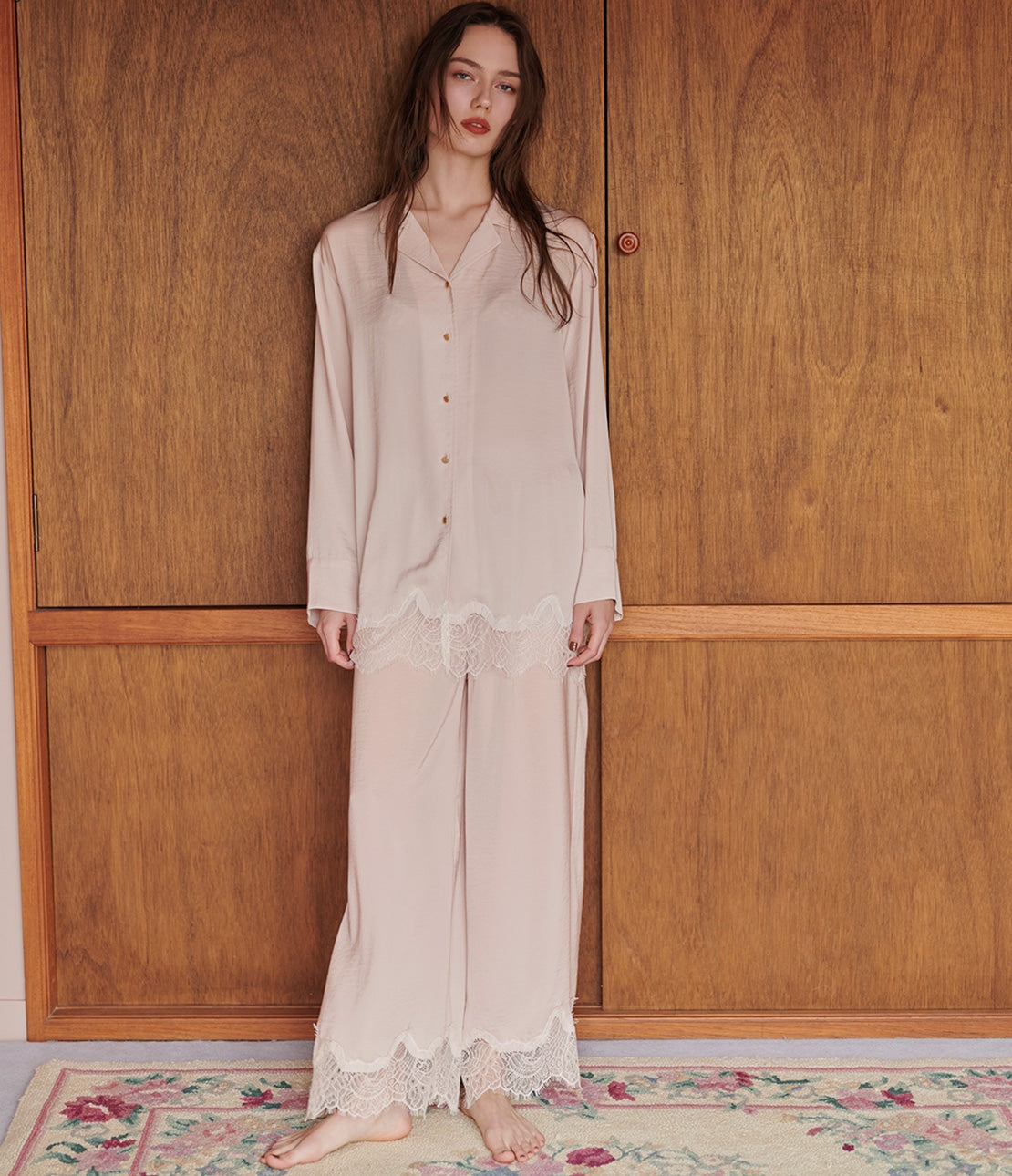 Giardino Satin Shirt Pajamas  Smooth Satin & Eyelash Lace Luxury