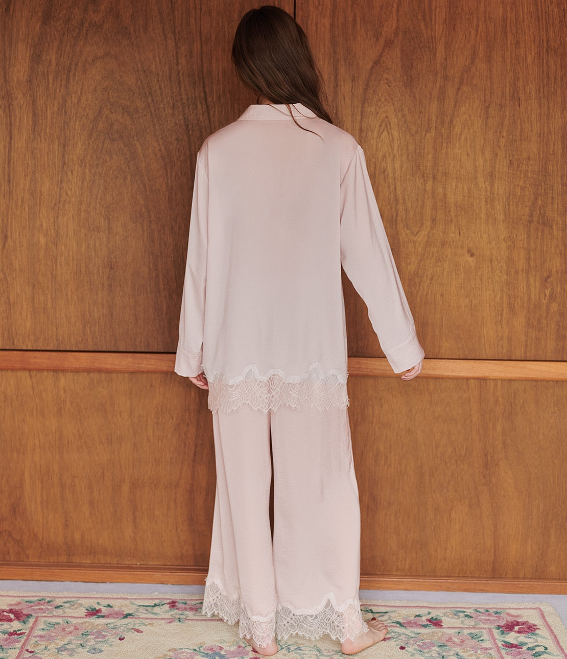 Giardino Satin Shirt Pajamas  Smooth Satin & Eyelash Lace Luxury