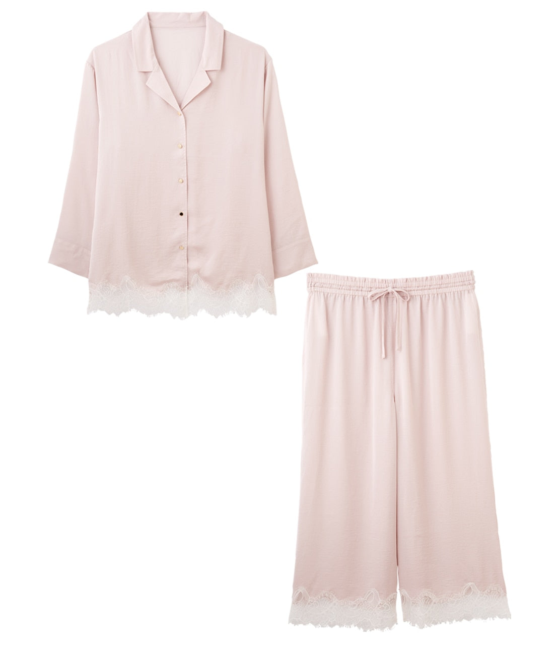 Giardino Satin Shirt Pajamas  Smooth Satin & Eyelash Lace Luxury