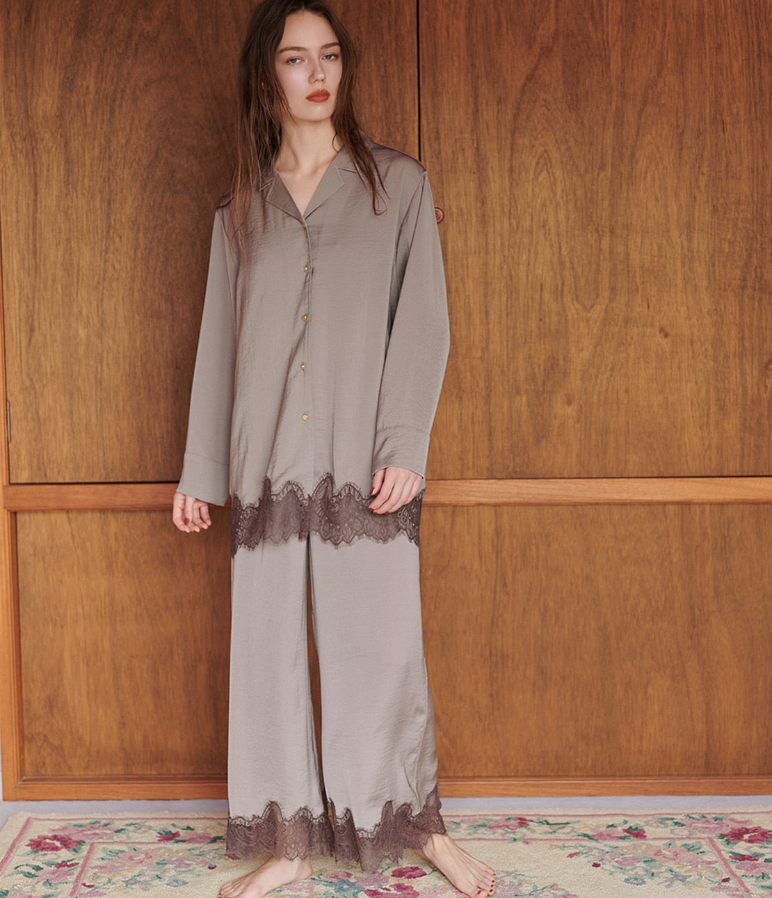 Giardino Satin Shirt Pajamas  Smooth Satin & Eyelash Lace Luxury