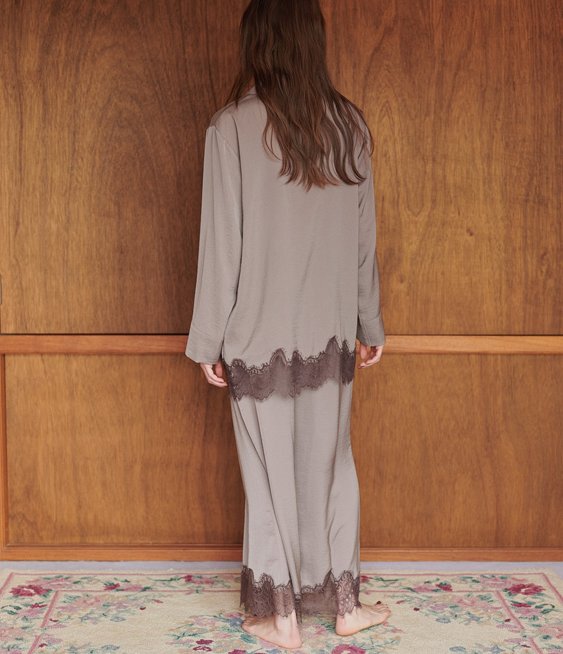 Giardino Satin Shirt Pajamas  Smooth Satin & Eyelash Lace Luxury