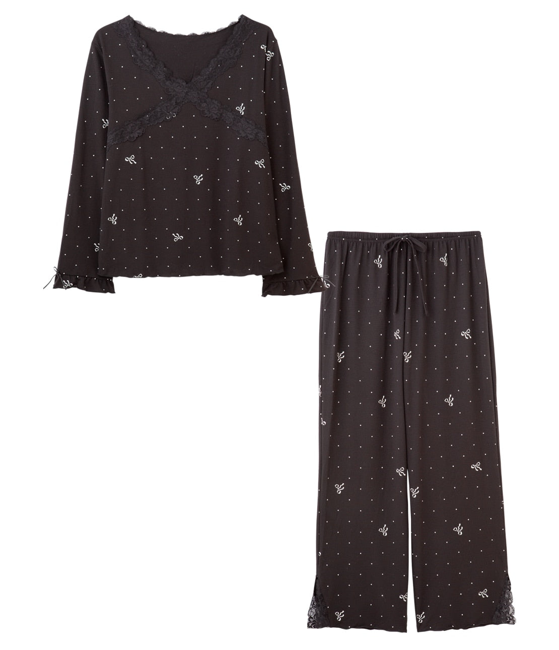 Feminine Lace-Trim Pajama Set  Soft Cut & Sew Relaxed Loungewear