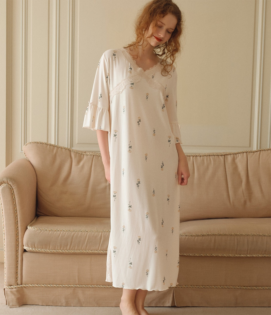 Feminine Lace-Trim Room Dress | Relaxed Cut & Sew Long Loungewear