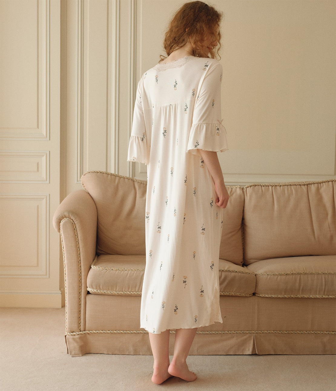 Feminine Lace-Trim Room Dress | Relaxed Cut & Sew Long Loungewear
