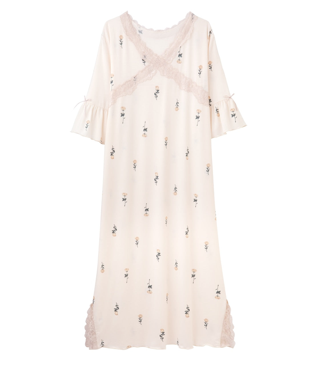 Feminine Lace-Trim Room Dress | Relaxed Cut & Sew Long Loungewear