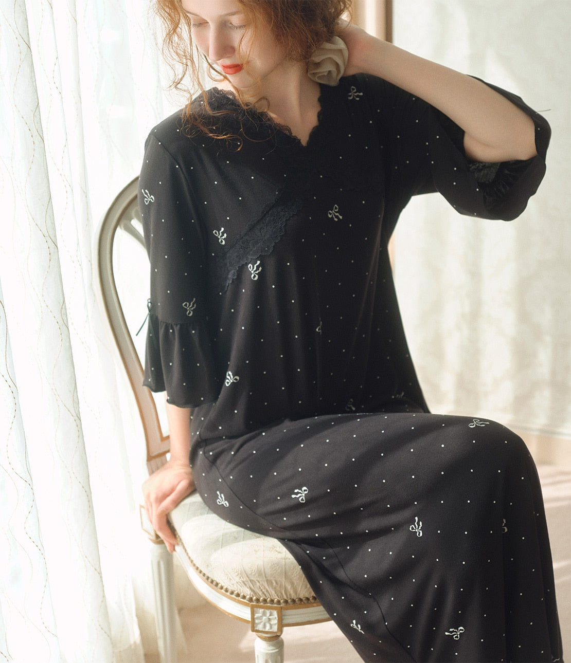 Feminine Lace-Trim Room Dress | Relaxed Cut & Sew Long Loungewear