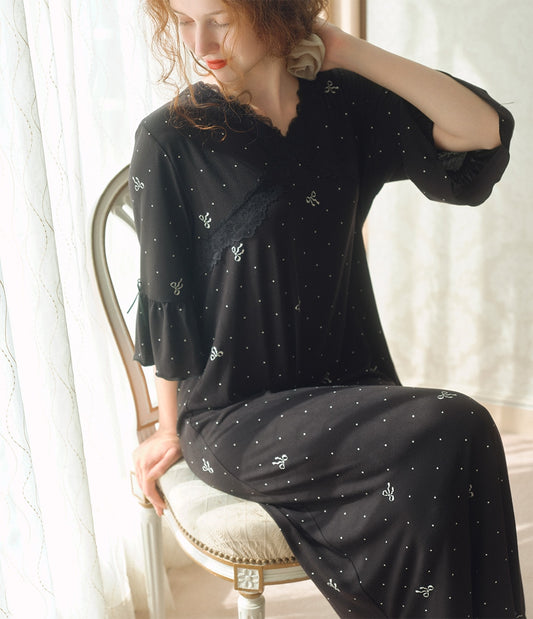 Feminine Lace-Trim Room Dress | Relaxed Cut & Sew Long Loungewear