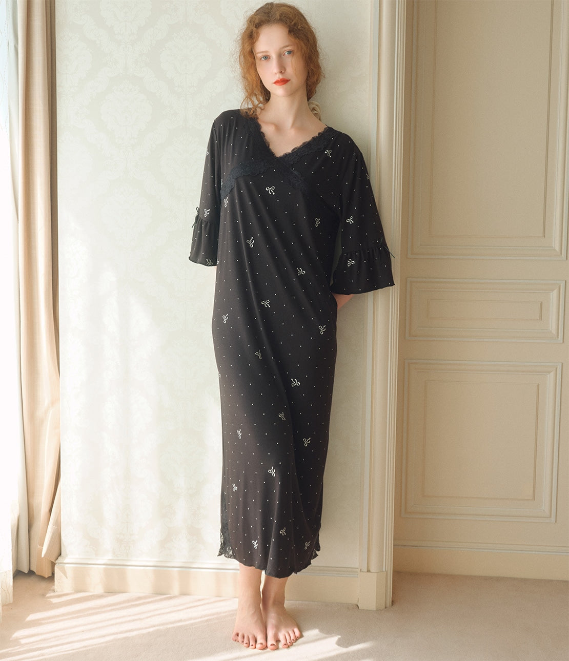 Feminine Lace-Trim Room Dress | Relaxed Cut & Sew Long Loungewear