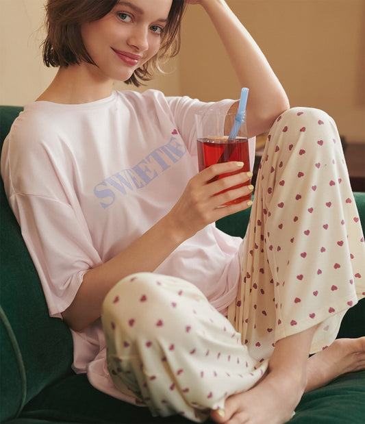 Printed T-Shirt Pajama Set | Soft Stretch Jersey with Cute Logo & All-Over Print