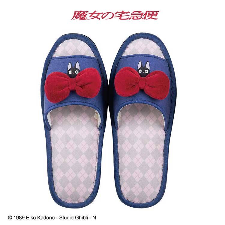 Official Kiki's Delivery Service Ribbon Slippers - Navy with Red Bow (26×21×9cm, Machine Washable)
