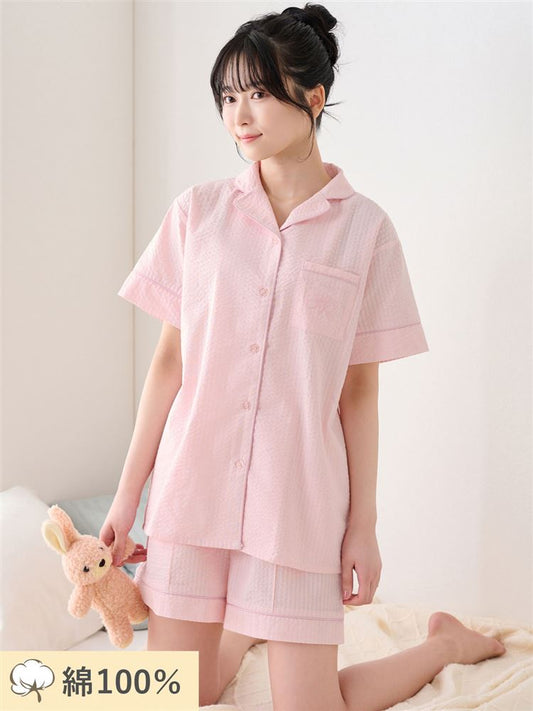 Breathable 100% Cotton Seersucker Pajamas  Short-Sleeve Button-Front Set