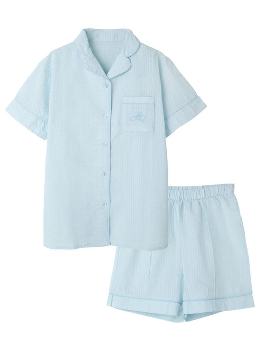 Breathable 100% Cotton Seersucker Pajamas  Short-Sleeve Button-Front Set
