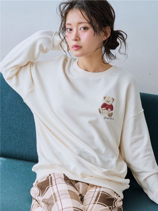 Temperature Control Bear Embroidery Pajamas | Cozy Long-Sleeve Set with Checkered Bottoms