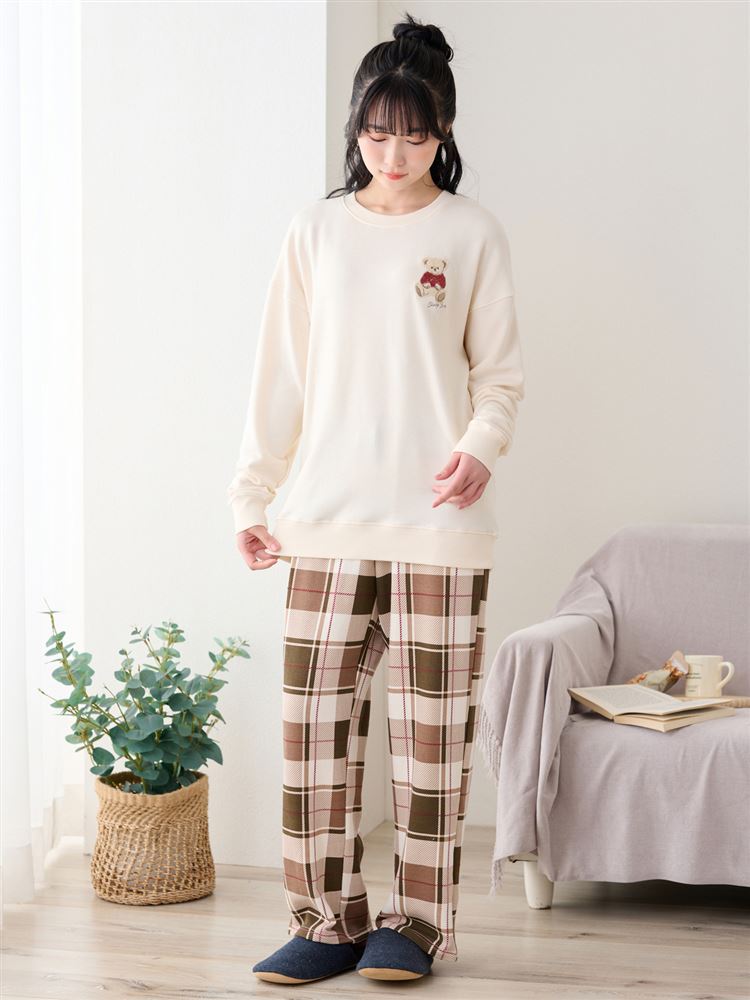 Temperature Control Bear Embroidery Pajamas | Cozy Long-Sleeve Set with Checkered Bottoms