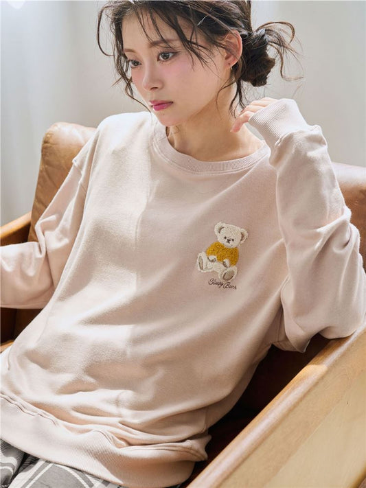 Temperature Control Bear Embroidery Pajamas | Cozy Long-Sleeve Set with Checkered Bottoms