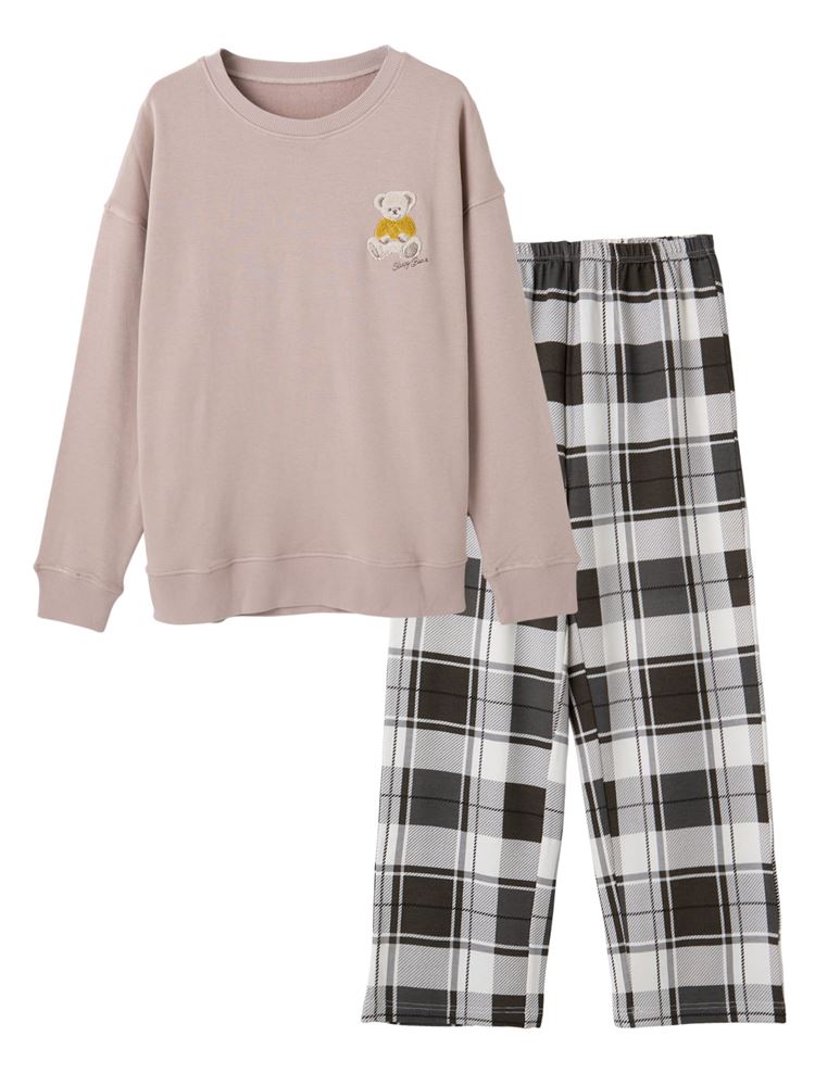 Temperature Control Bear Embroidery Pajamas | Cozy Long-Sleeve Set with Checkered Bottoms