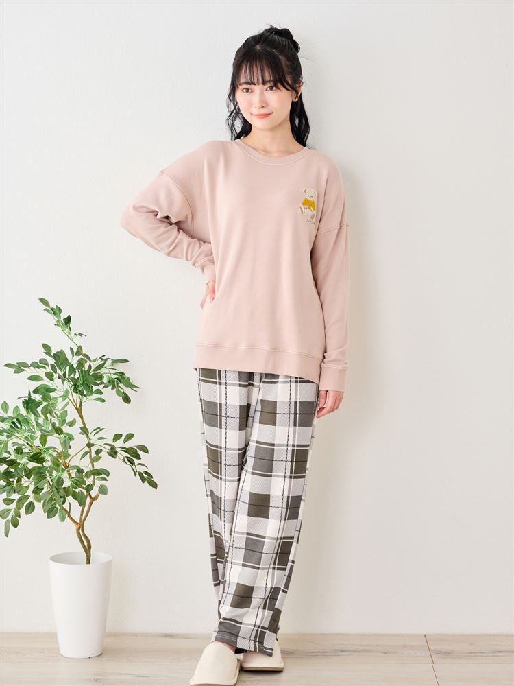 Temperature Control Bear Embroidery Pajamas | Cozy Long-Sleeve Set with Checkered Bottoms
