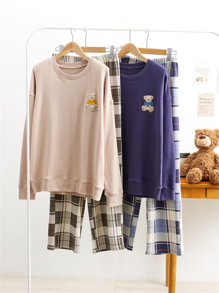 Temperature Control Bear Embroidery Pajamas | Cozy Long-Sleeve Set with Checkered Bottoms