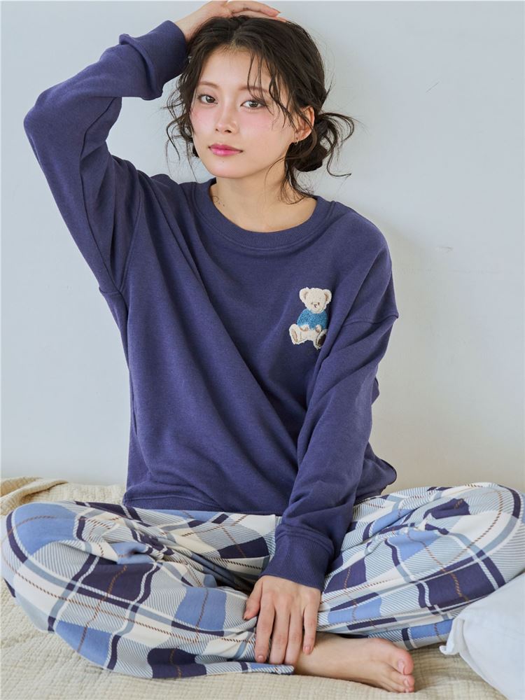 Temperature Control Bear Embroidery Pajamas | Cozy Long-Sleeve Set with Checkered Bottoms