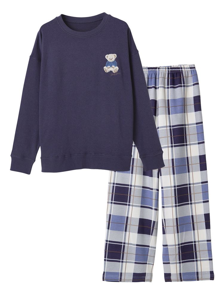 Temperature Control Bear Embroidery Pajamas | Cozy Long-Sleeve Set with Checkered Bottoms