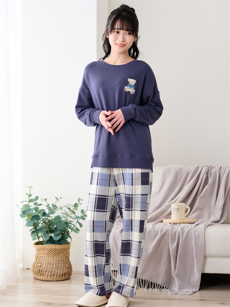 Temperature Control Bear Embroidery Pajamas | Cozy Long-Sleeve Set with Checkered Bottoms
