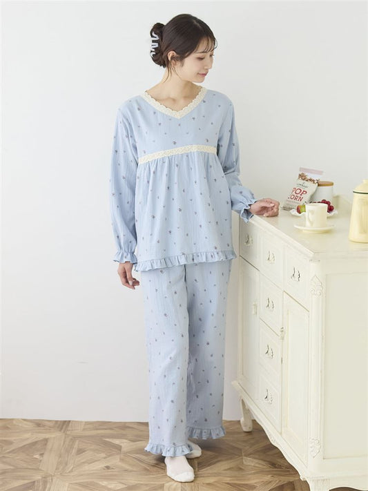 Cotton 100% Double Gauze Floral Frill Long-Sleeve Pajamas