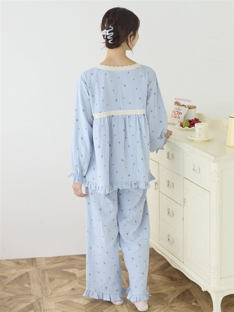 Cotton 100% Double Gauze Floral Frill Long-Sleeve Pajamas